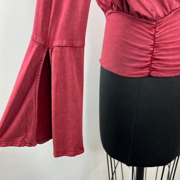 Anthropologie DELETTA Red Burgundy Sirpo Wrap Pullover Blouse Top Bell Sleeve XS - Picture 4 of 10
